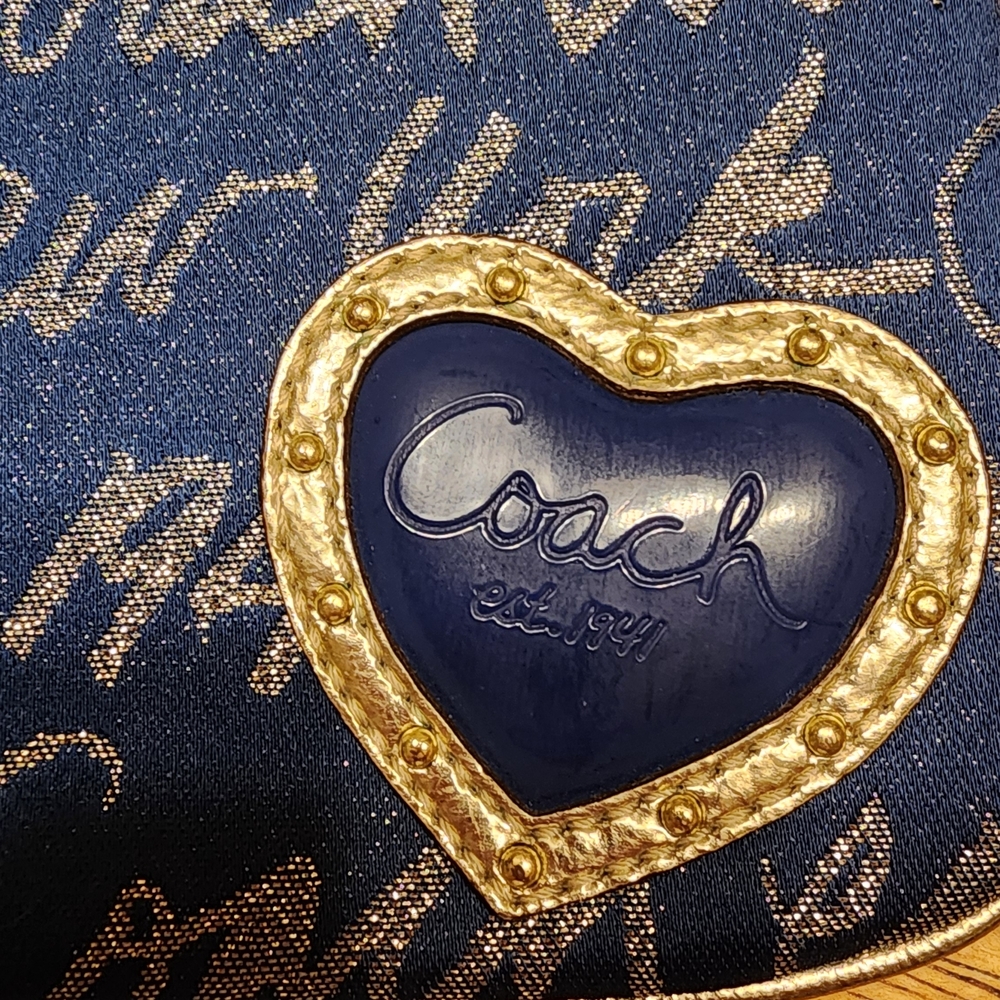 Coach Navy Blue Glitter Script Heart Wristlet - Picture 2 of 10